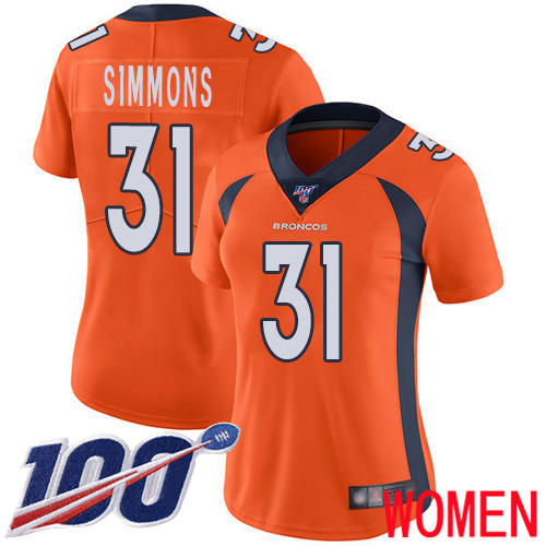 Women Denver Broncos #31 Justin Simmons Orange Team Color Vapor Untouchable Limited Player 100th Season Football NFL Jersey